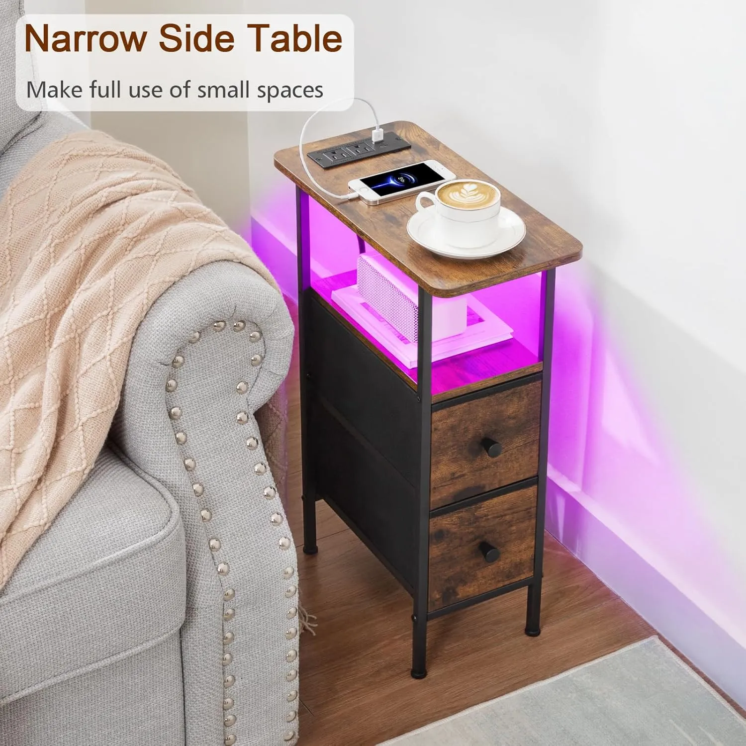 Narrow End Table Living Room with Charging Station, Skinny Side Table with Fabric Drawers, Slim LED Nightstand for Bedroom, Small Spaces, Couch, Brown, HETNDP02LBR-1
