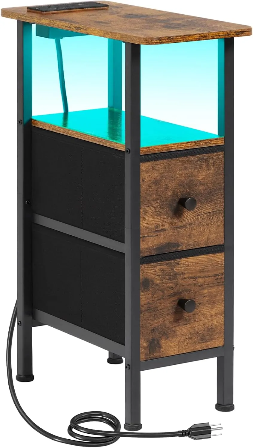 Narrow End Table Living Room with Charging Station, Skinny Side Table with Fabric Drawers, Slim LED Nightstand for Bedroom, Small Spaces, Couch, Brown, HETNDP02LBR-1