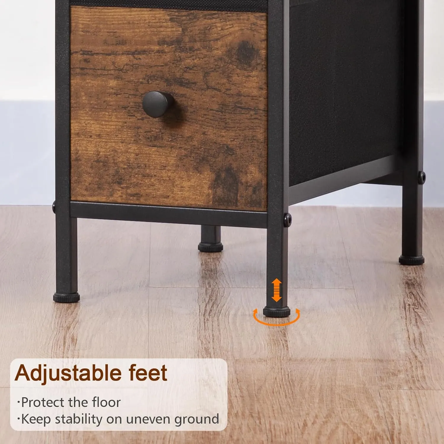 Narrow End Table Living Room with Charging Station, Skinny Side Table with Fabric Drawers, Slim LED Nightstand for Bedroom, Small Spaces, Couch, Brown, HETNDP02LBR-1