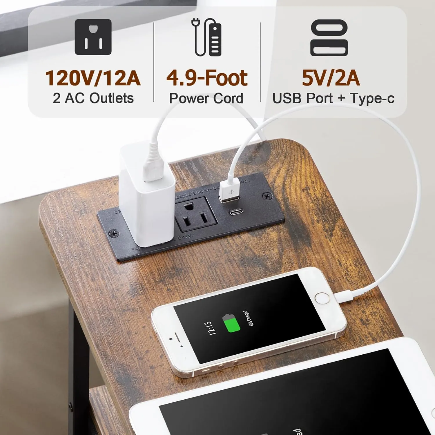 Narrow End Table Living Room with Charging Station, Skinny Side Table with Fabric Drawers, Slim LED Nightstand for Bedroom, Small Spaces, Couch, Brown, HETNDP02LBR-1