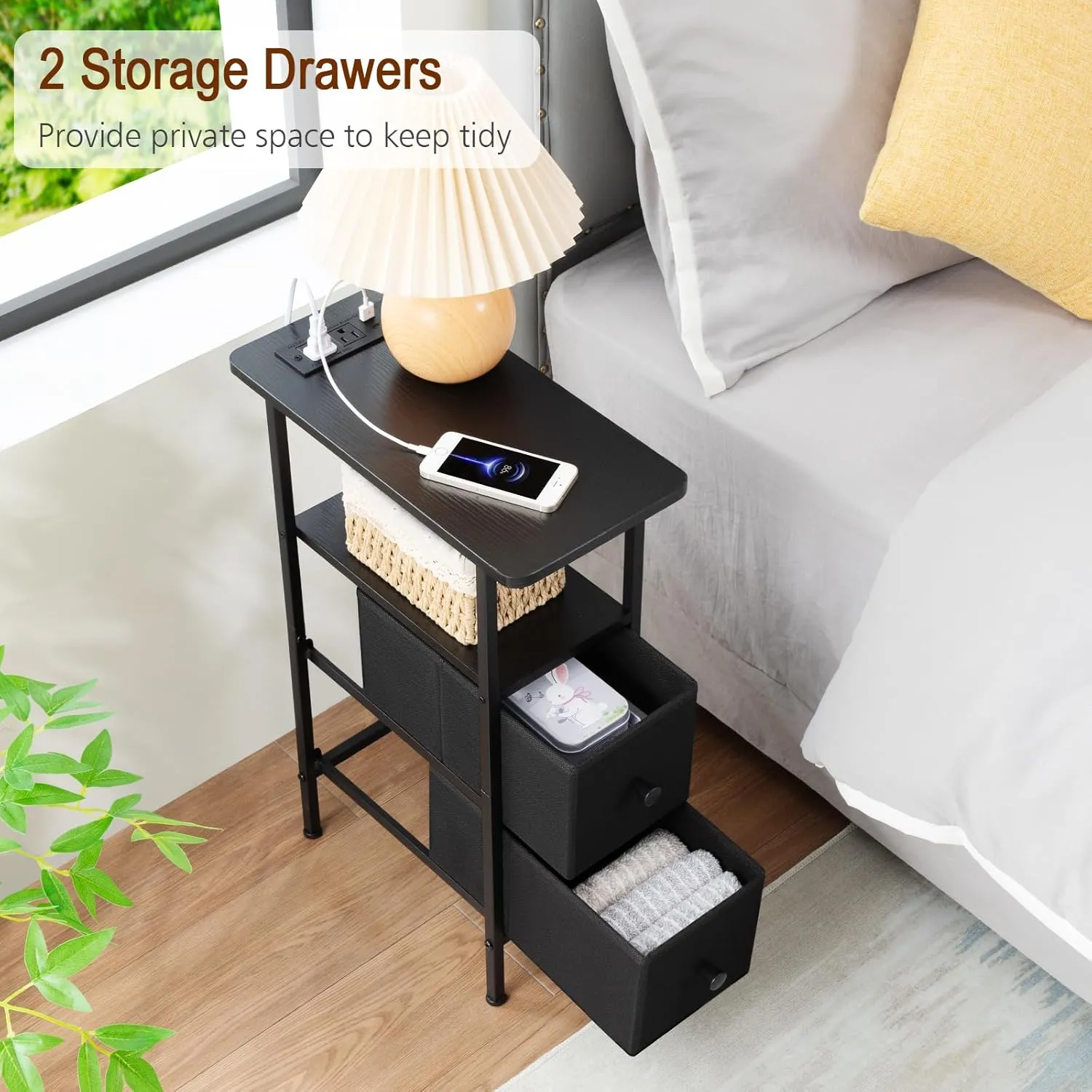 Narrow End Table Living Room with Charging Station, Skinny Side Table with Fabric Drawers, Slim Nightstand for Bedroom, Small Spaces, Couch, Black, HETNDP02BK-1