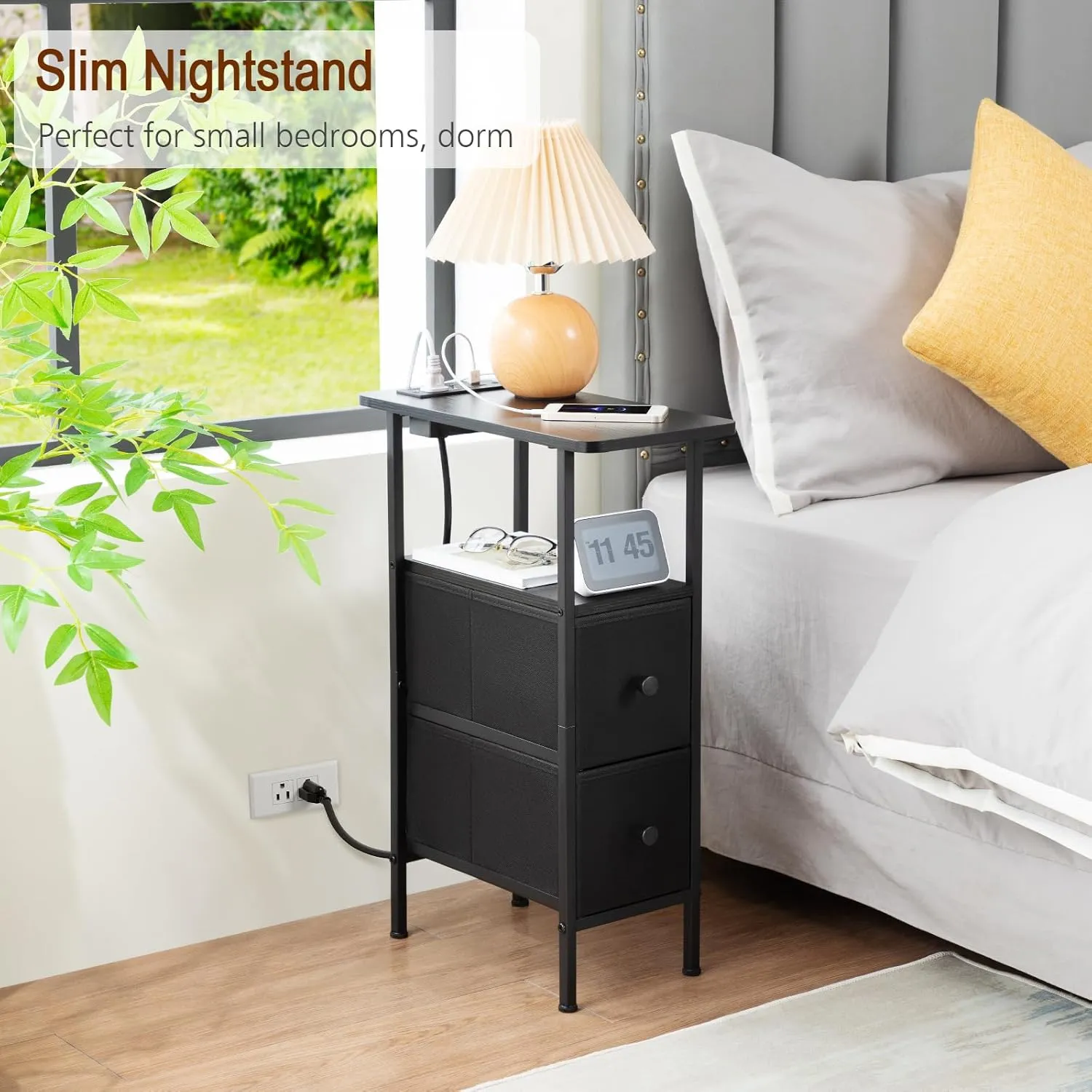 Narrow End Table Living Room with Charging Station, Skinny Side Table with Fabric Drawers, Slim Nightstand for Bedroom, Small Spaces, Couch, Black, HETNDP02BK-1