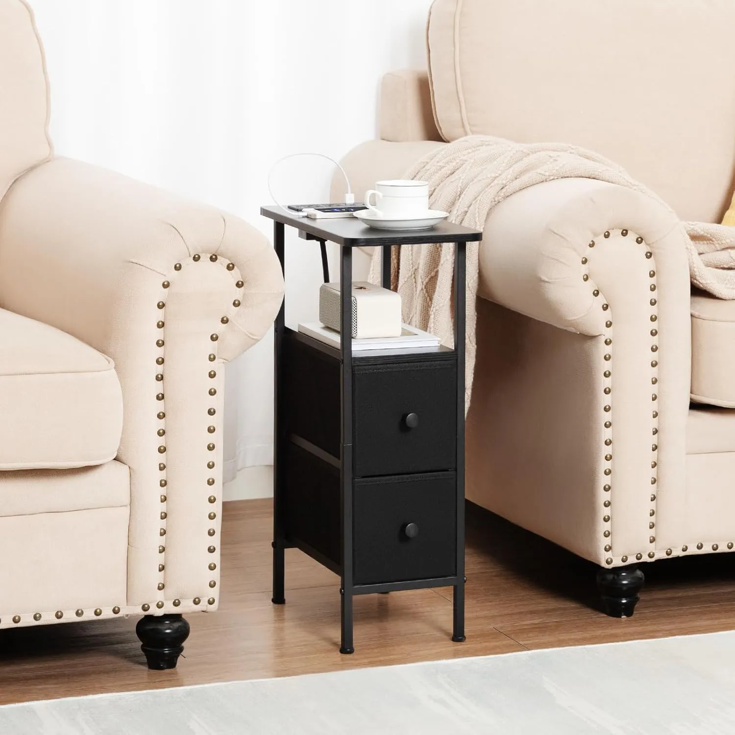 Narrow End Table Living Room with Charging Station, Skinny Side Table with Fabric Drawers, Slim Nightstand for Bedroom, Small Spaces, Couch, Black, HETNDP02BK-1