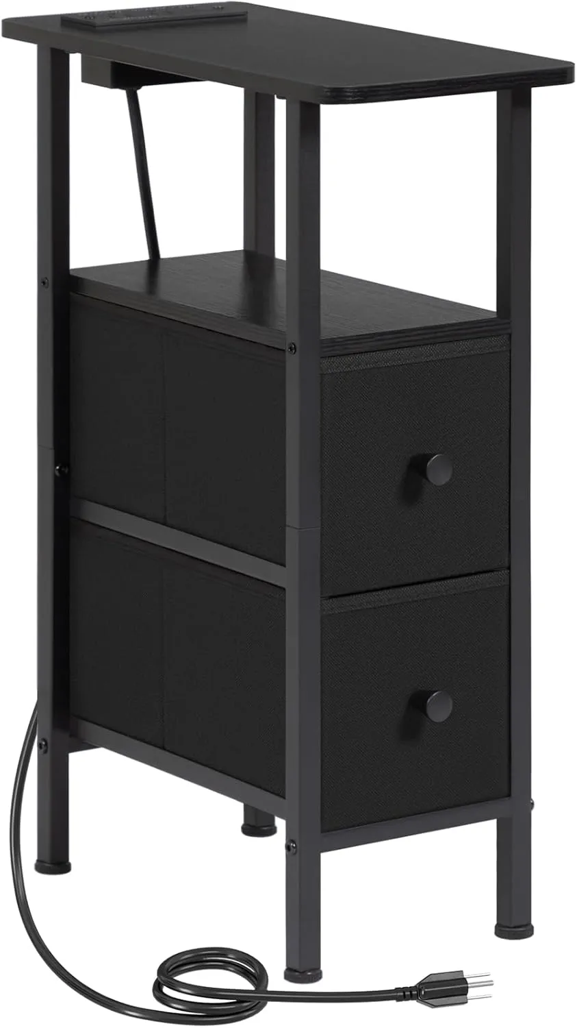 Narrow End Table Living Room with Charging Station, Skinny Side Table with Fabric Drawers, Slim Nightstand for Bedroom, Small Spaces, Couch, Black, HETNDP02BK-1