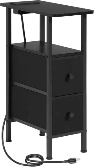 Narrow End Table Living Room with Charging Station, Skinny Side Table with Fabric Drawers, Slim Nightstand for Bedroom, Small Spaces, Couch, Black, HETNDP02BK-1
