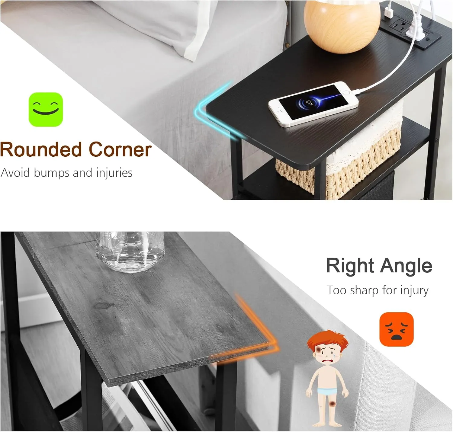 Narrow End Table Living Room with Charging Station, Skinny Side Table with Fabric Drawers, Slim Nightstand for Bedroom, Small Spaces, Couch, Black, HETNDP02BK-1