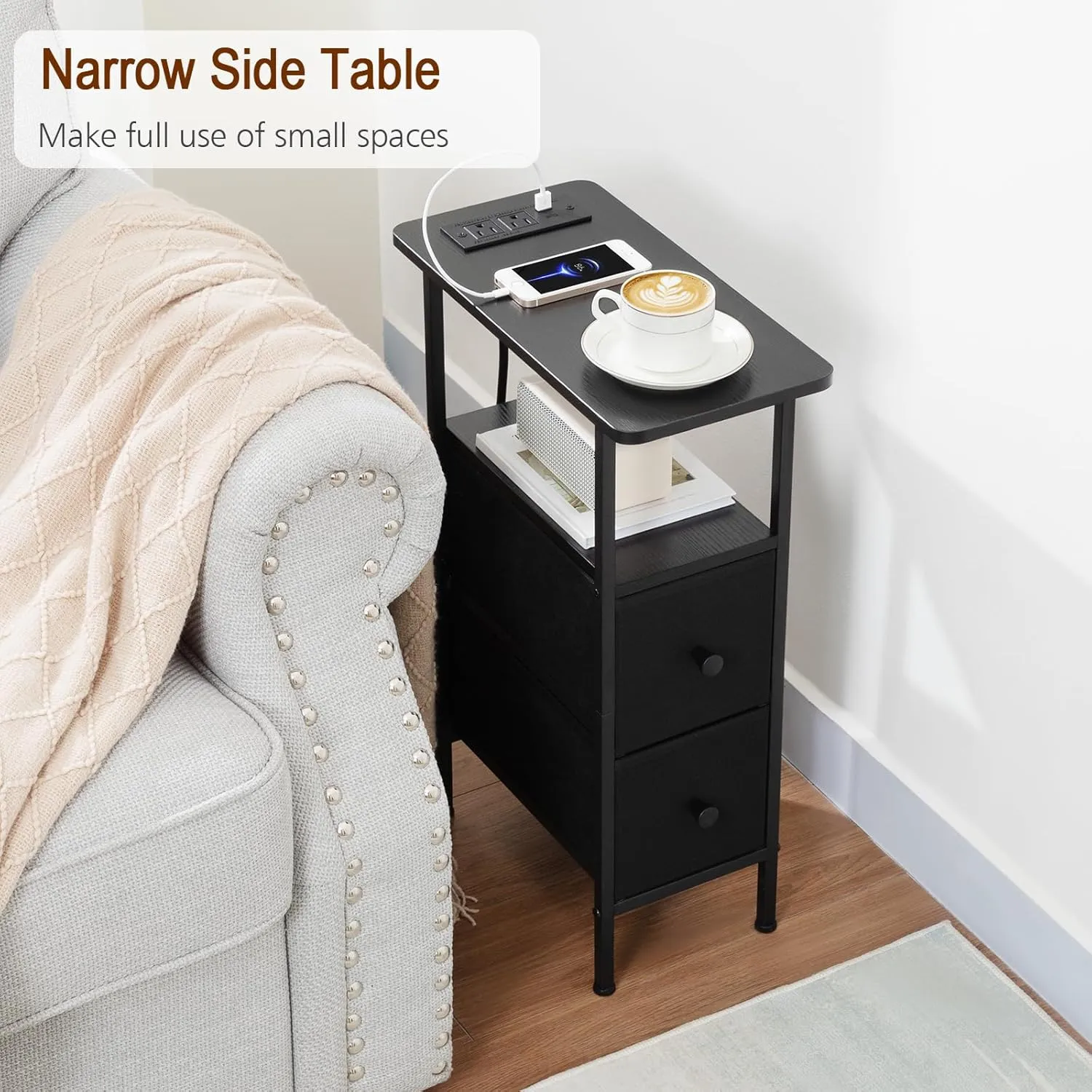Narrow End Table Living Room with Charging Station, Skinny Side Table with Fabric Drawers, Slim Nightstand for Bedroom, Small Spaces, Couch, Black, HETNDP02BK-1