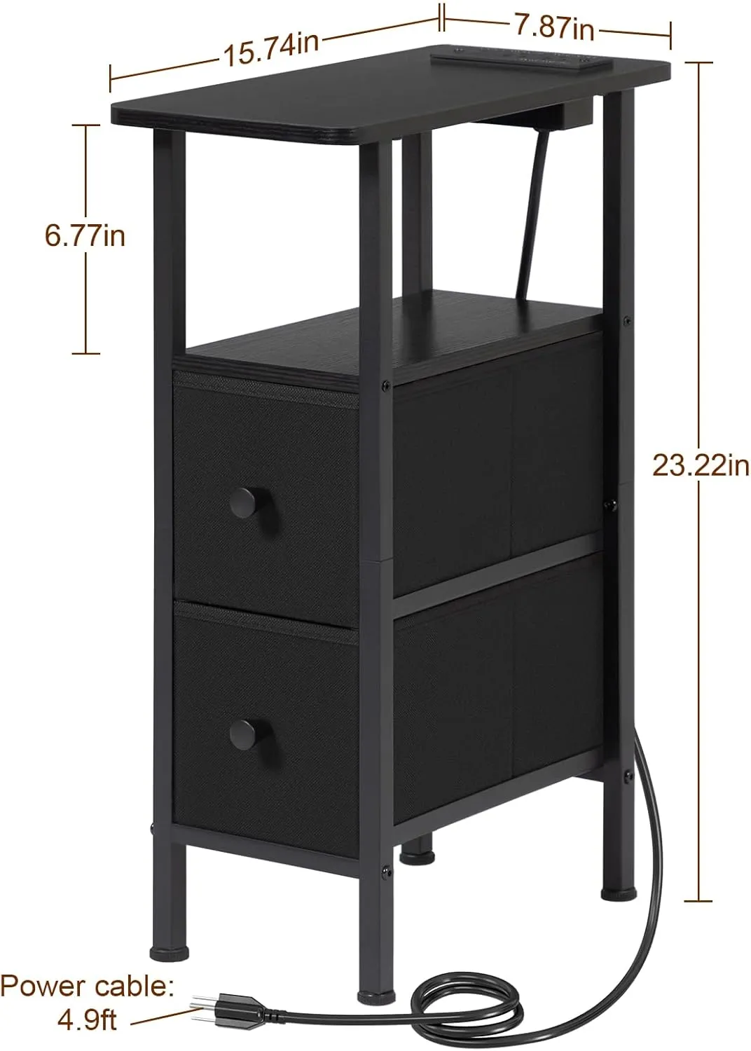 Narrow End Table Living Room with Charging Station, Skinny Side Table with Fabric Drawers, Slim Nightstand for Bedroom, Small Spaces, Couch, Black, HETNDP02BK-1