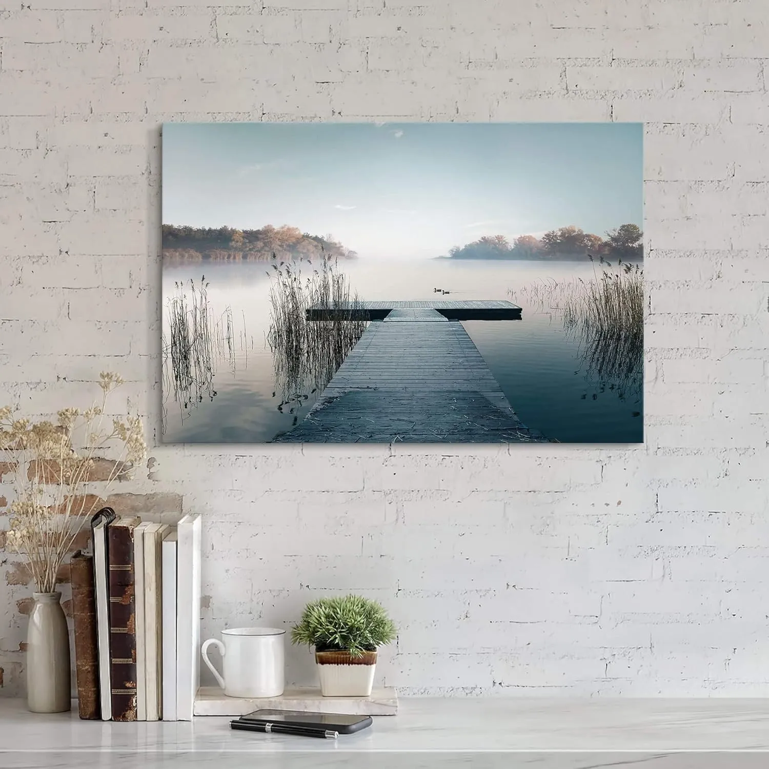 Nature Landscape Canvas Wall Art: Framed Natural Lake Scene Picture Prints Bridge Dock Scenery Painting Artwork for Home Living Room Bedroom Office Wall Decor 24x16 inch