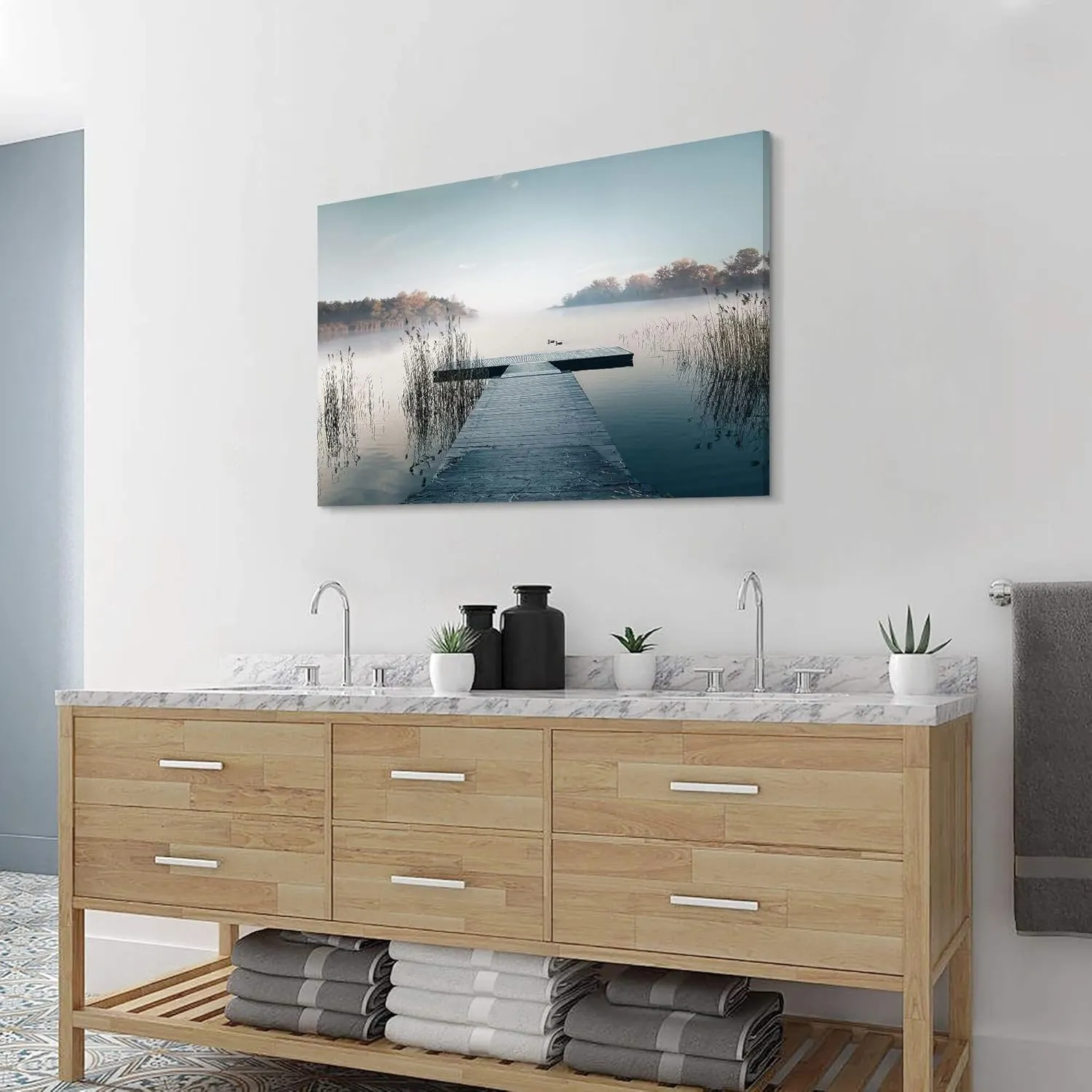 Nature Landscape Canvas Wall Art: Framed Natural Lake Scene Picture Prints Bridge Dock Scenery Painting Artwork for Home Living Room Bedroom Office Wall Decor 24x16 inch