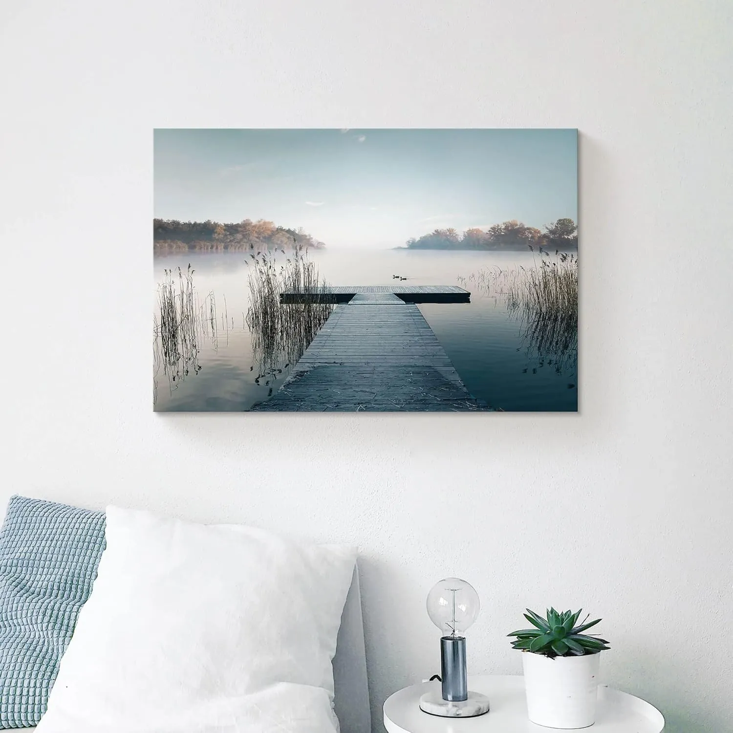 Nature Landscape Canvas Wall Art: Framed Natural Lake Scene Picture Prints Bridge Dock Scenery Painting Artwork for Home Living Room Bedroom Office Wall Decor 24x16 inch