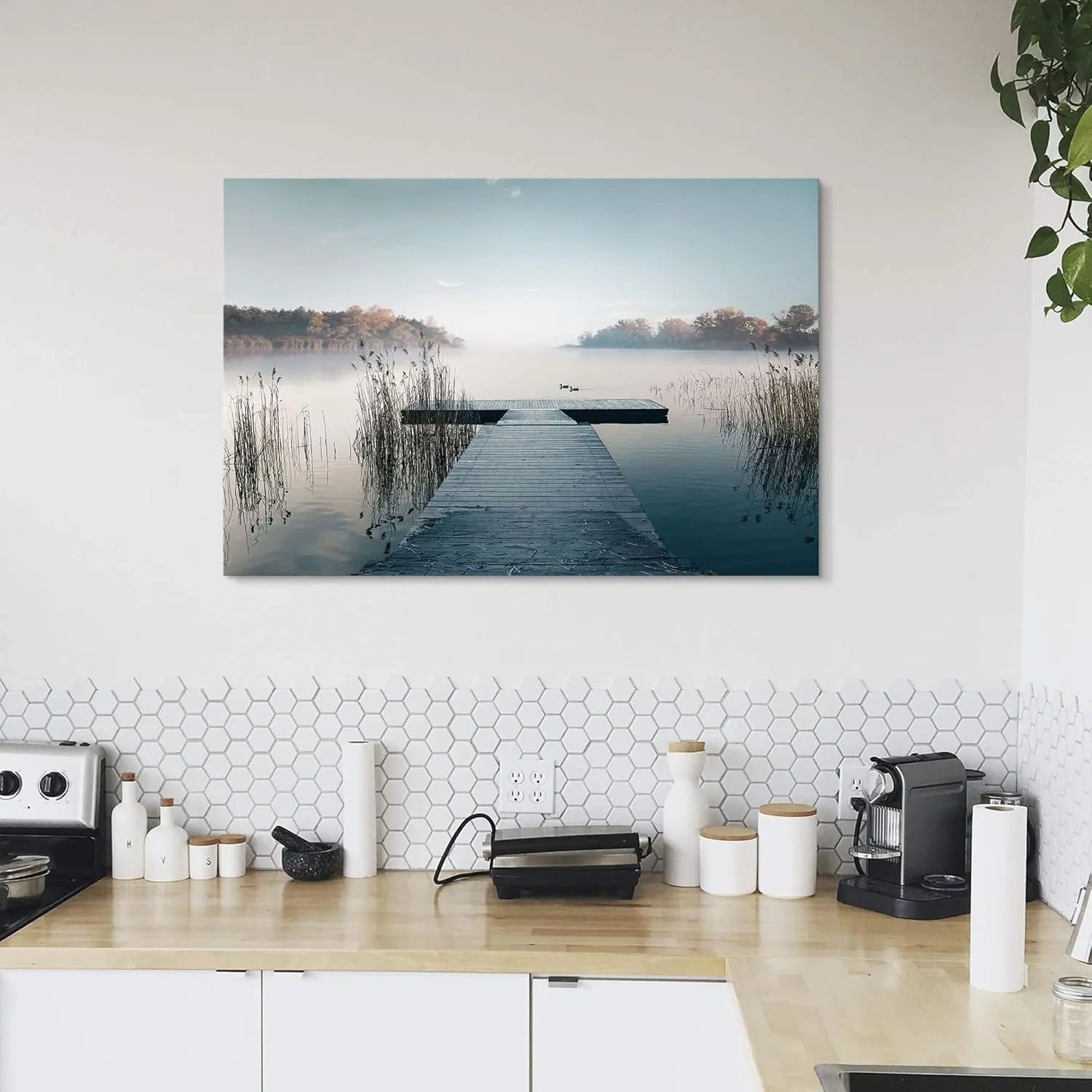 Nature Landscape Canvas Wall Art: Framed Natural Lake Scene Picture Prints Bridge Dock Scenery Painting Artwork for Home Living Room Bedroom Office Wall Decor 24x16 inch