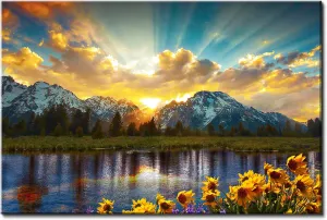 Nature Mountain Wall Art Sunset Wall Decor for Bedroom Kitchen Grand Teton Sunflower Landscape Picture Canvas Prints Sunrise Forest Lake Scenery Painting National Park Poster Artwork Decoration 16x24”