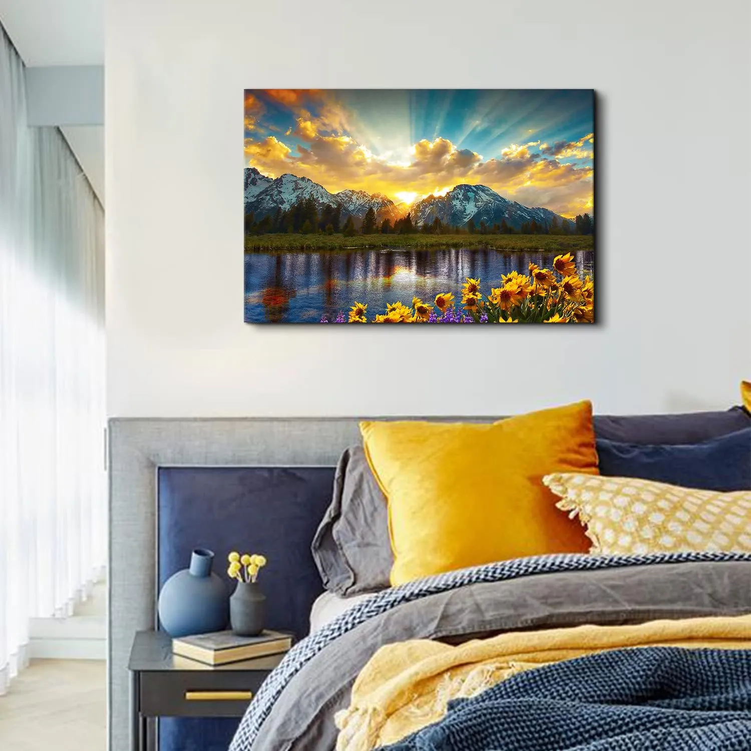 Nature Mountain Wall Art Sunset Wall Decor for Bedroom Kitchen Grand Teton Sunflower Landscape Picture Canvas Prints Sunrise Forest Lake Scenery Painting National Park Poster Artwork Decoration 16x24”