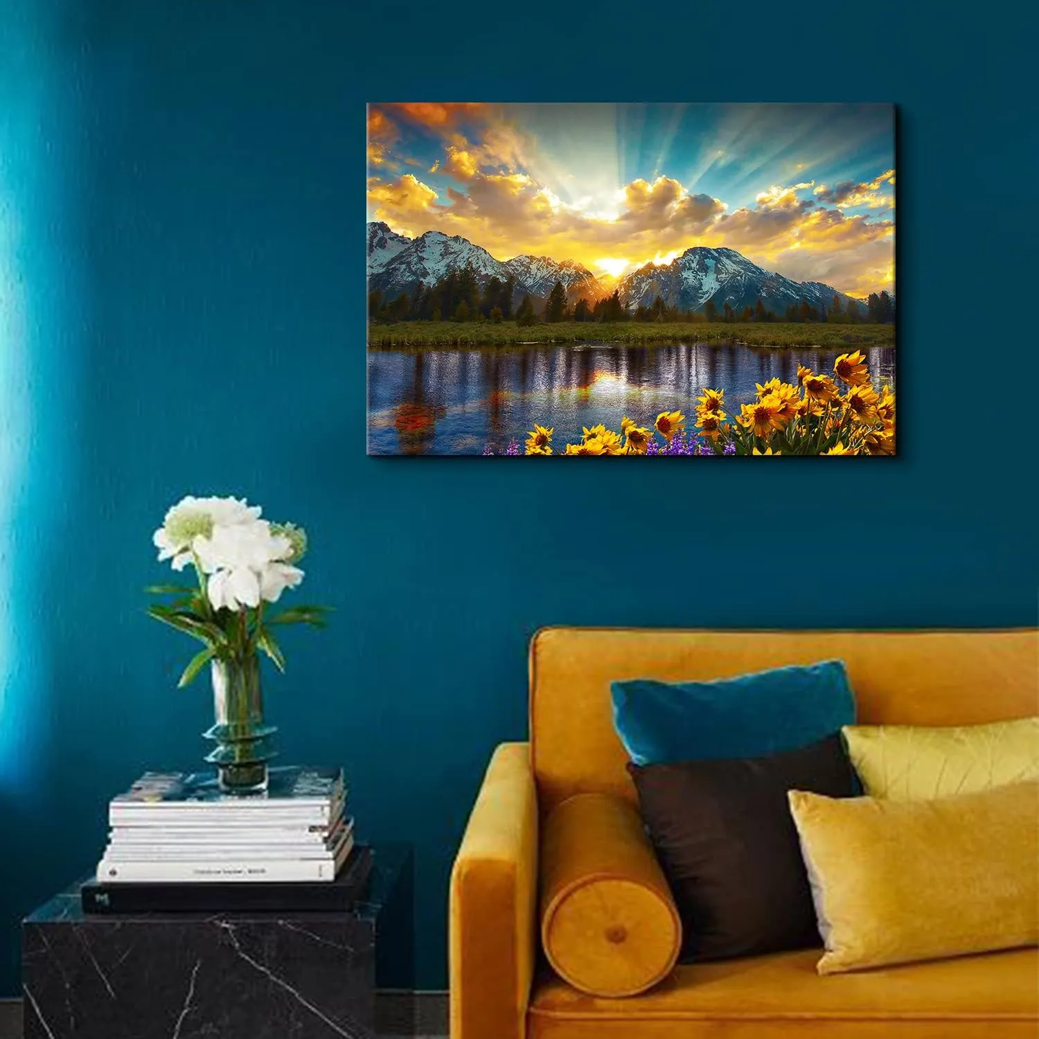 Nature Mountain Wall Art Sunset Wall Decor for Bedroom Kitchen Grand Teton Sunflower Landscape Picture Canvas Prints Sunrise Forest Lake Scenery Painting National Park Poster Artwork Decoration 16x24”