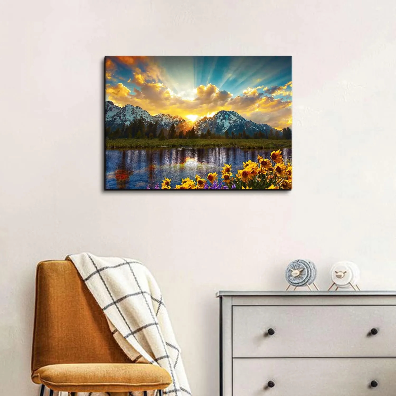 Nature Mountain Wall Art Sunset Wall Decor for Bedroom Kitchen Grand Teton Sunflower Landscape Picture Canvas Prints Sunrise Forest Lake Scenery Painting National Park Poster Artwork Decoration 16x24”