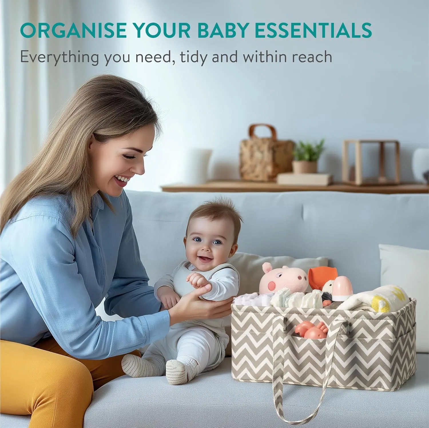 Navaris Nappy Caddy Organiser in Grey with Wavy Pattern - Baby Changing Basket with 10 Side Pockets & Removable Divider - Diaper Storage Bag - Newborn Essentials