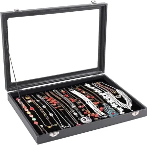 Necklace Tray Storage Box Jewelry Display Stackable Glass Top Lockable Black Velvet Boxes Necklace Holder Box with Lock