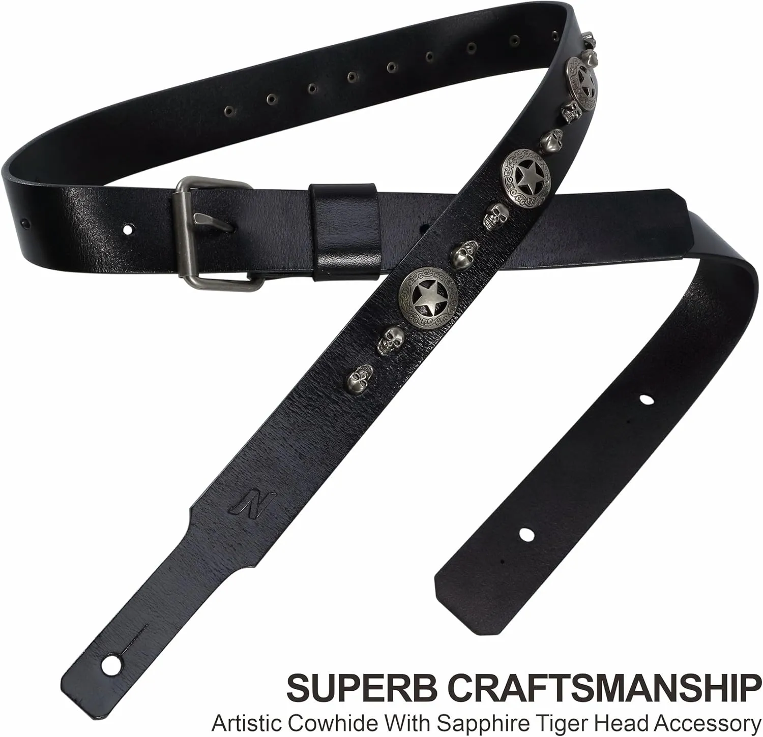 Nefelibata Natural Vegetable Tanned Cowhide Premium Guitar Strap, Handmade, Suitable for Electric Guitar and Bass Guitar (1.5 Inch Wide, Skull Pentagram)