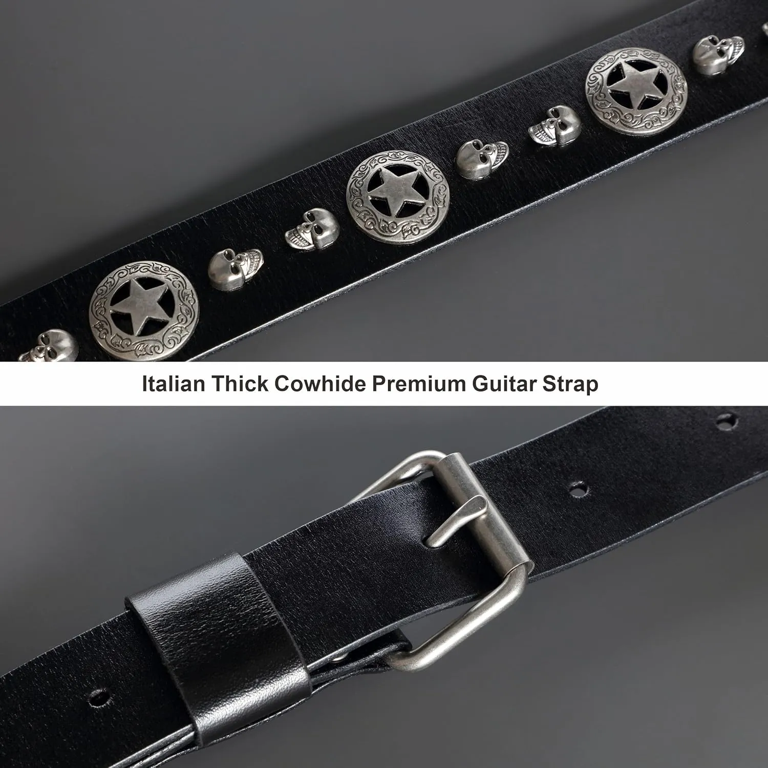 Nefelibata Natural Vegetable Tanned Cowhide Premium Guitar Strap, Handmade, Suitable for Electric Guitar and Bass Guitar (1.5 Inch Wide, Skull Pentagram)
