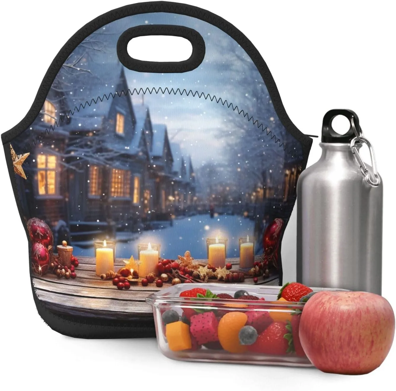 Neoprene Lunch Bags Christmas atmosphere Print Insulated Lunch Tote Bag Reusable Thermal Cooler Lunch Container Box for Work Travel Picnic
