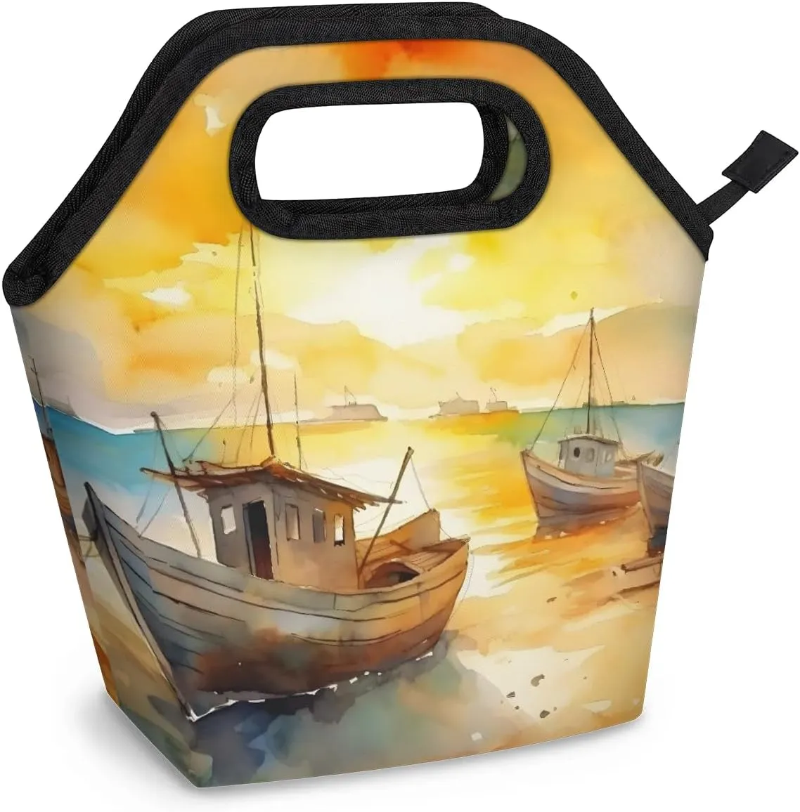 Neoprene Lunch Bags Sunrise Sailing Sea Lunch Tote Bag with Zipper Insulated Lunchbox Handbag for Women Reusable Lunch Box Cooler Bag Waterproof Lunch Sack Bag for Work Picnic
