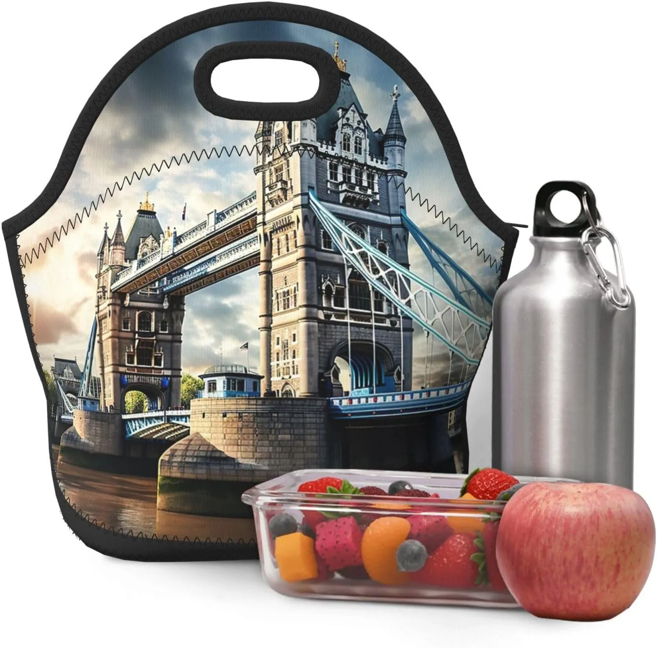 Neoprene Reusable Insulated Lunch Bag Cooler Tote Box Meal Prep For Men & Women Work Picnic Or Travel,Historic Old Tower Bridge London Print
