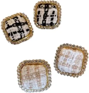 New 2026 Unisex Houndstooth Square Button Plaid Crystal Velvet Stud Earring For Women Retro Elegant Geometric Trend Decoration Jewelry Luxury With You Accessories Trendy And Men