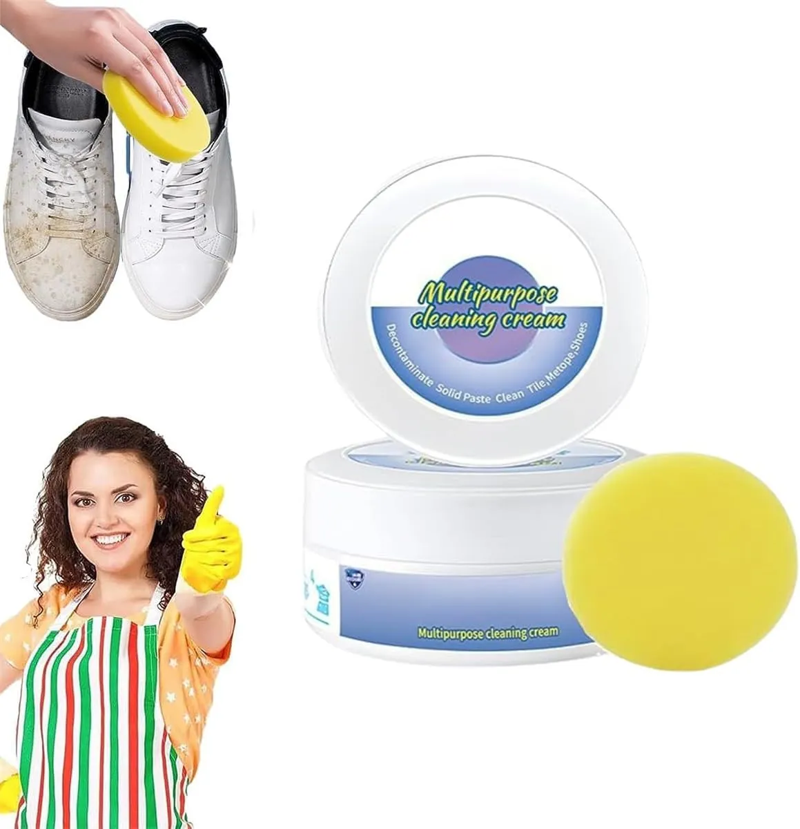 New Multi-Functional Cleaning and Stain Removal Cream, Multipurpose Cleaning Cream, White Shoe Cleaning Cream with Sponge,No Need to Wash, Decontaminate Solid Paste for Shoes, Clothes, Sofa (1 PCS)