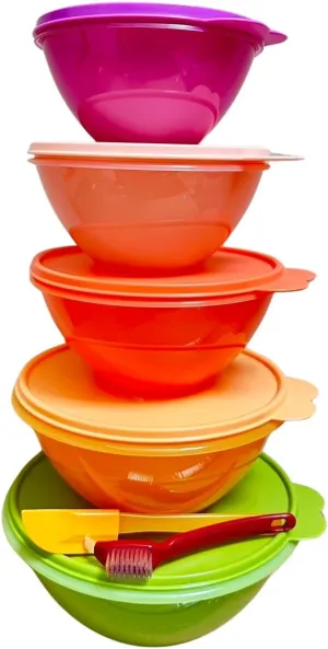 New Tupperware Tupperware Wonderlier Nesting Mixing Bowls Set of 5 Colors with Seal Cleaning Brush and Mini Spatula, Large