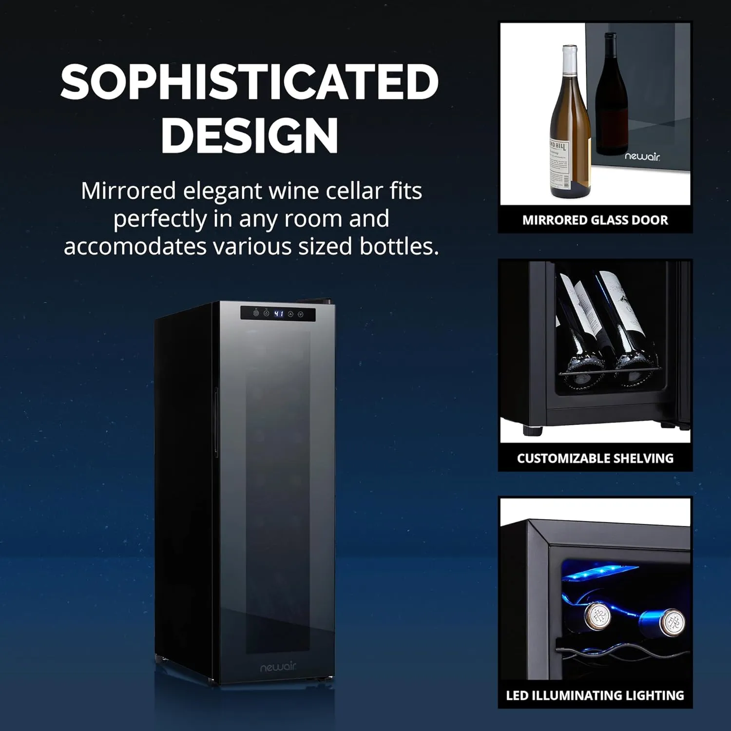 Newair 12 Bottle Wine Cooler Refrigerator | Shadow Series | Freestanding Mirrored Wine and Beverage Fridge with Double-Layer Tempered Glass Door & Compressor Cooling For Reds, Whites, & Sparkling Wine