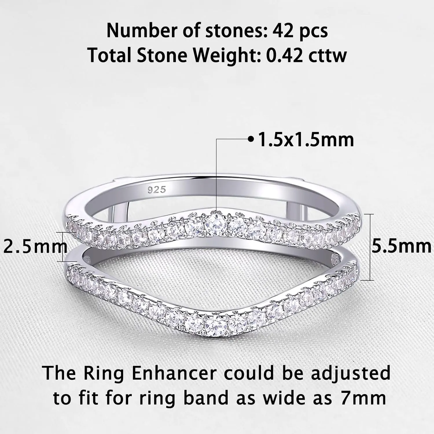 Newshe Jewellery AAAAA Cubic Zirconia Curved Wedding Bands for Women Ring Enhancer Guard for Engagement Rings 925 Sterling Silver Size 4-13