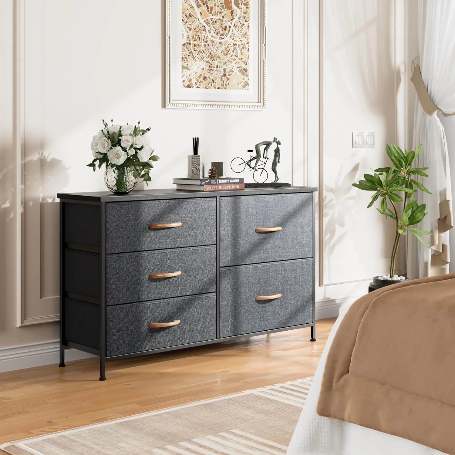 Nicehill Dresser for Bedroom with 5 Drawers, Storage Drawer Organizer, Wide Chest of Drawers for Closet, Clothes, Kids, Nursery, TV Stand with Storage Drawers, Wood Board, Fabric Drawers (Black Grey)