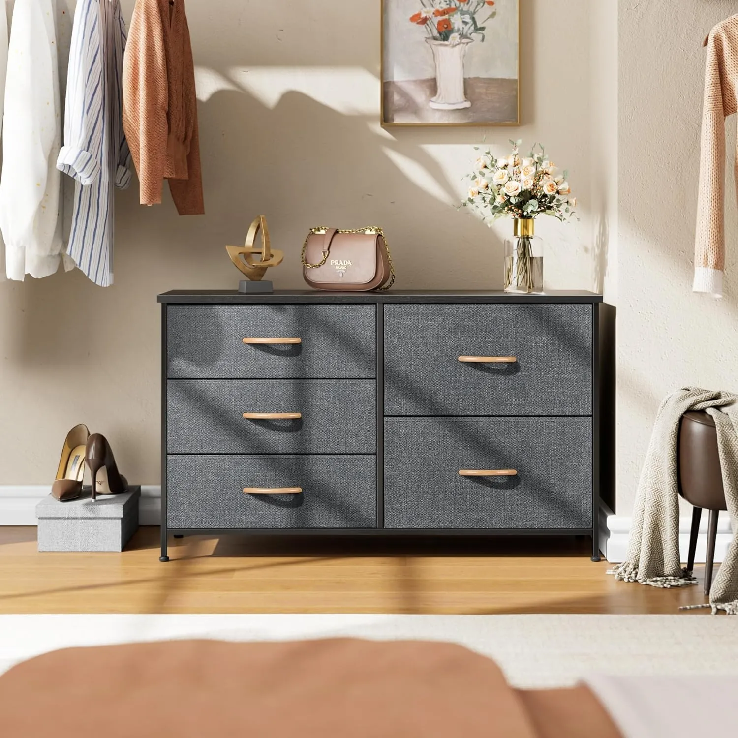 Nicehill Dresser for Bedroom with 5 Drawers, Storage Drawer Organizer, Wide Chest of Drawers for Closet, Clothes, Kids, Nursery, TV Stand with Storage Drawers, Wood Board, Fabric Drawers (Black Grey)