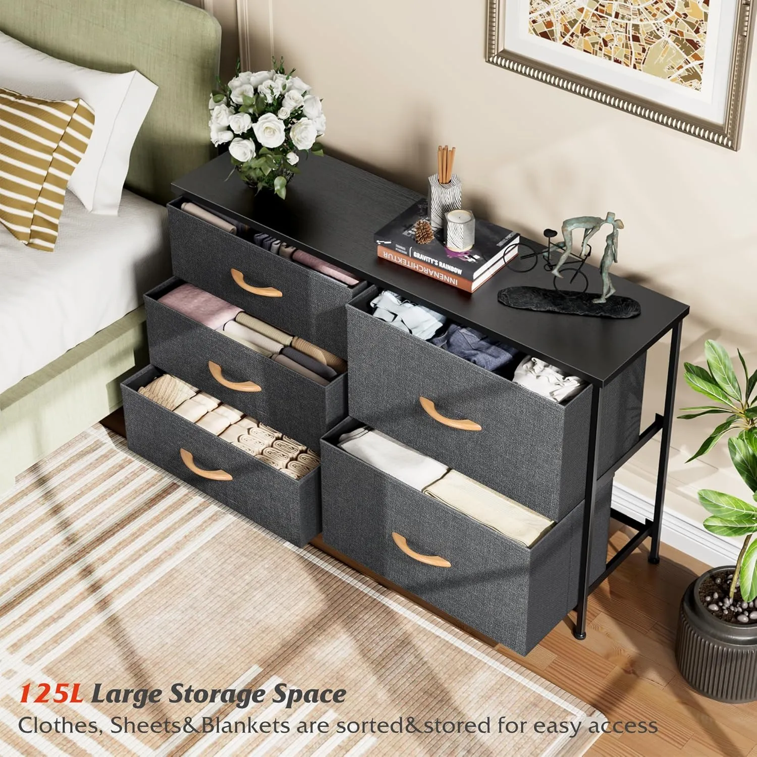 Nicehill Dresser for Bedroom with 5 Drawers, Storage Drawer Organizer, Wide Chest of Drawers for Closet, Clothes, Kids, Nursery, TV Stand with Storage Drawers, Wood Board, Fabric Drawers (Black Grey)
