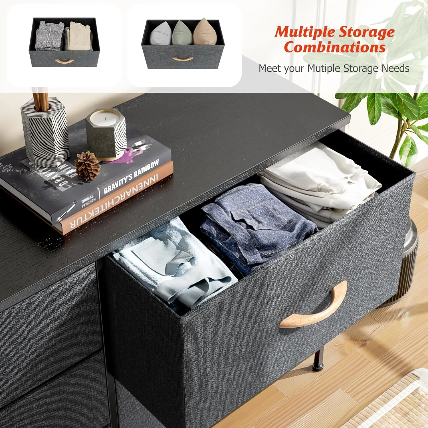 Nicehill Dresser for Bedroom with 5 Drawers, Storage Drawer Organizer, Wide Chest of Drawers for Closet, Clothes, Kids, Nursery, TV Stand with Storage Drawers, Wood Board, Fabric Drawers (Black Grey)