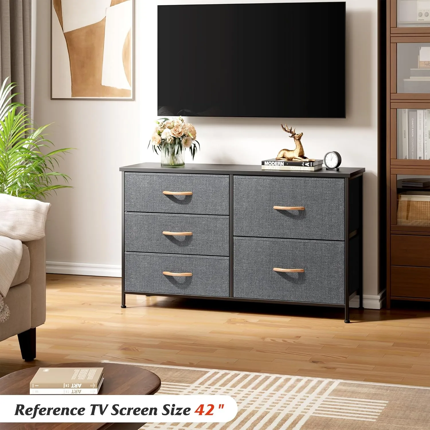 Nicehill Dresser for Bedroom with 5 Drawers, Storage Drawer Organizer, Wide Chest of Drawers for Closet, Clothes, Kids, Nursery, TV Stand with Storage Drawers, Wood Board, Fabric Drawers (Black Grey)