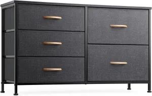 Nicehill Dresser for Bedroom with 5 Drawers, Storage Drawer Organizer, Wide Chest of Drawers for Closet, Clothes, Kids, Nursery, TV Stand with Storage Drawers, Wood Board, Fabric Drawers (Black Grey)