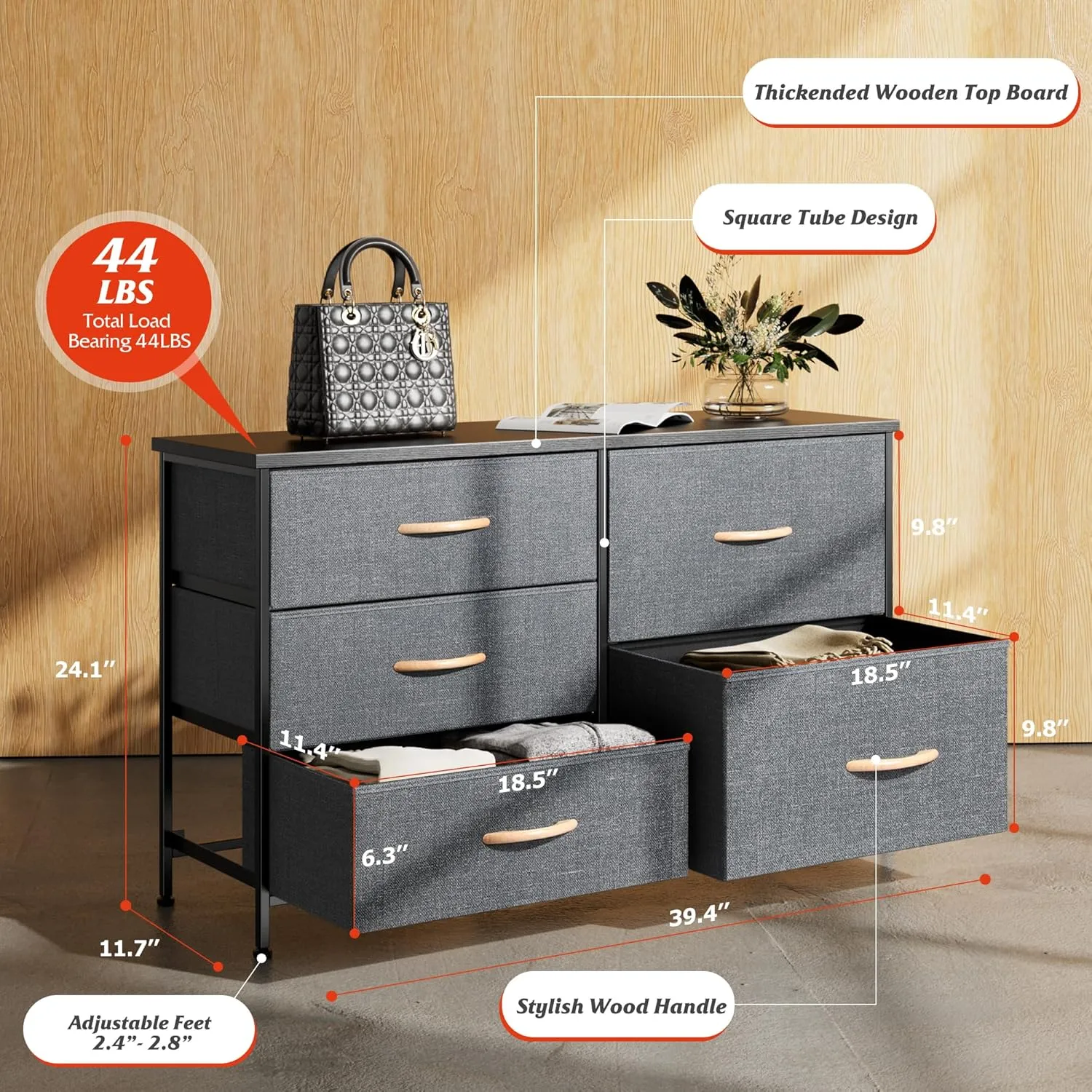 Nicehill Dresser for Bedroom with 5 Drawers, Storage Drawer Organizer, Wide Chest of Drawers for Closet, Clothes, Kids, Nursery, TV Stand with Storage Drawers, Wood Board, Fabric Drawers (Black Grey)