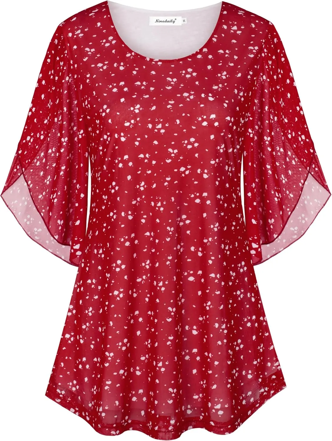 Ninedaily Women's Tops 3/4 Sleeve Blouses Dressy Casual Double Layers Mesh Tunic Shirts
