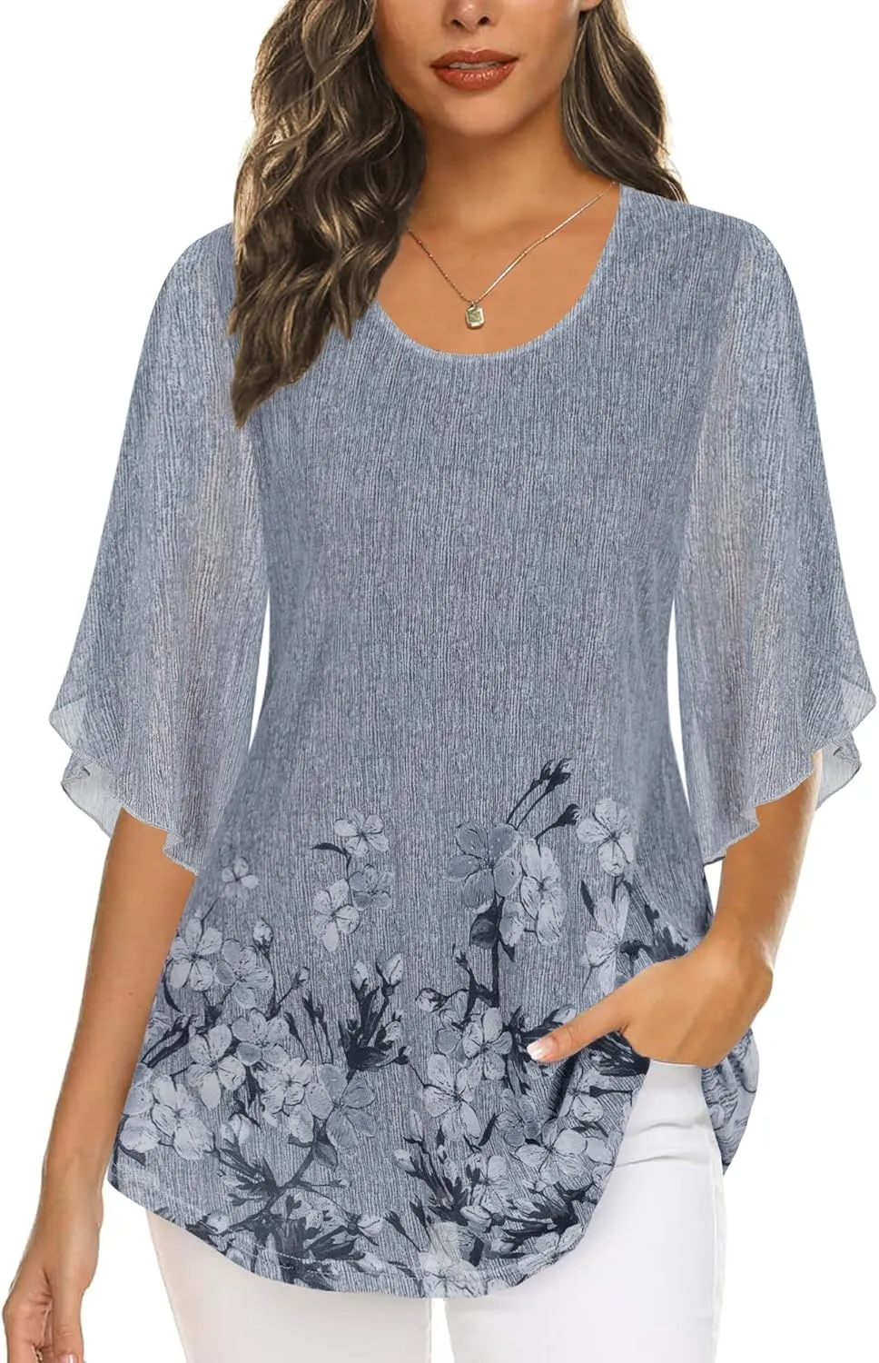 Ninedaily Women's Tops 3/4 Sleeve Blouses Dressy Casual Double Layers Mesh Tunic Shirts