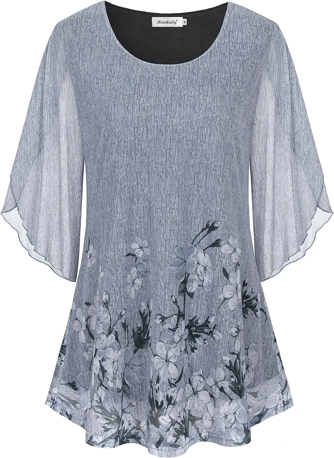 Ninedaily Women's Tops 3/4 Sleeve Blouses Dressy Casual Double Layers Mesh Tunic Shirts