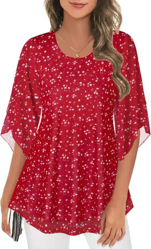 Ninedaily Women's Tops 3/4 Sleeve Blouses Dressy Casual Double Layers Mesh Tunic Shirts