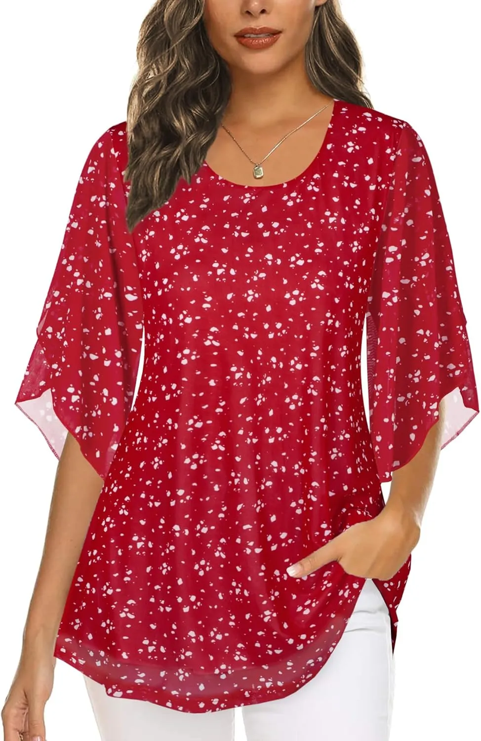 Ninedaily Women's Tops 3/4 Sleeve Blouses Dressy Casual Double Layers Mesh Tunic Shirts