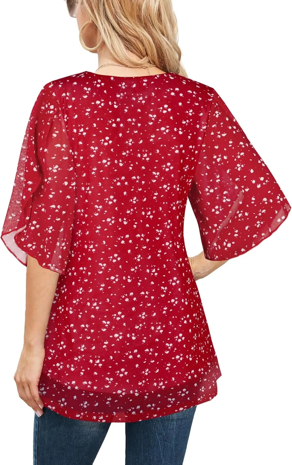 Ninedaily Women's Tops 3/4 Sleeve Blouses Dressy Casual Double Layers Mesh Tunic Shirts