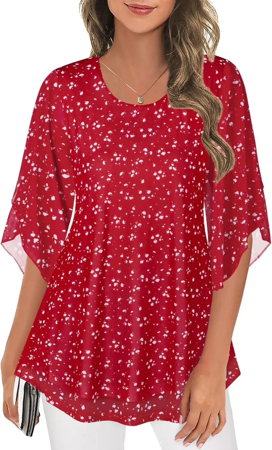 Ninedaily Women's Tops 3/4 Sleeve Blouses Dressy Casual Double Layers Mesh Tunic Shirts