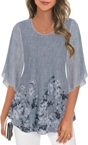Ninedaily Women's Tops 3/4 Sleeve Blouses Dressy Casual Double Layers Mesh Tunic Shirts