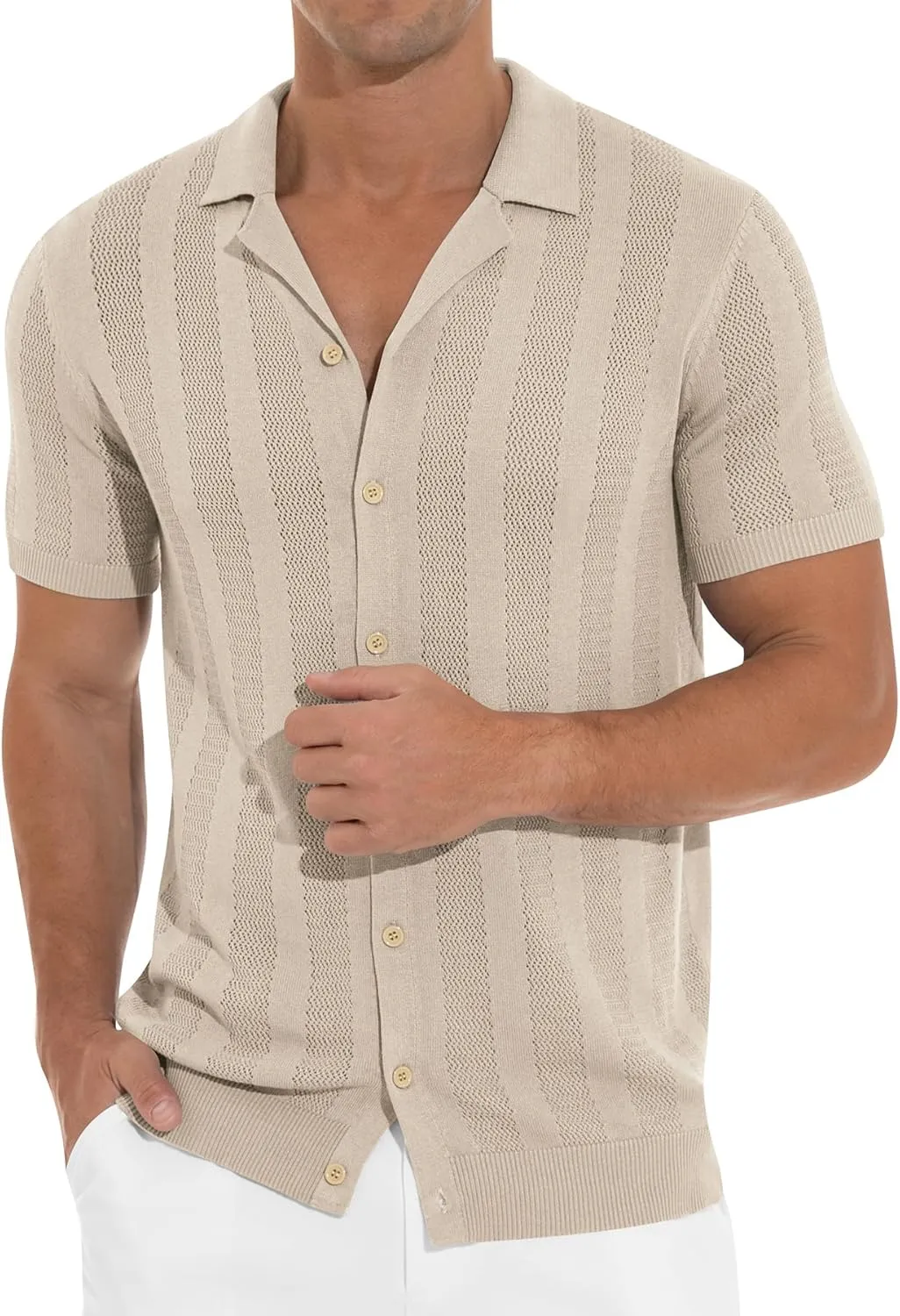 NITAGUT Men's Vacation Beach Shirts Knit Cuban Collar Mesh Button Down Short Sleeve Shirt