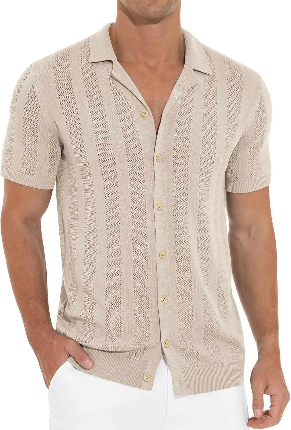 NITAGUT Men's Vacation Beach Shirts Knit Cuban Collar Mesh Button Down Short Sleeve Shirt