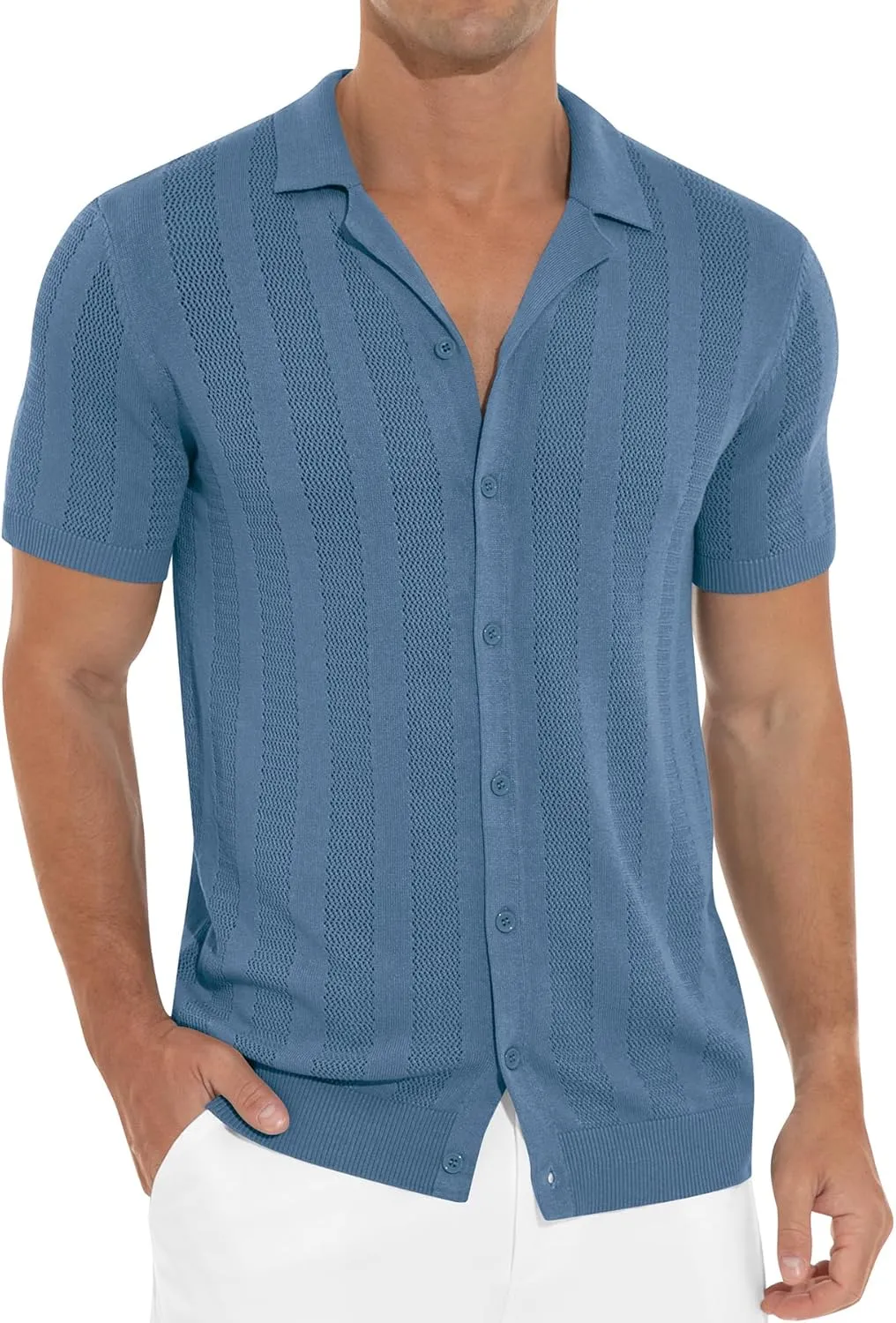 NITAGUT Men's Vacation Beach Shirts Knit Cuban Collar Mesh Button Down Short Sleeve Shirt